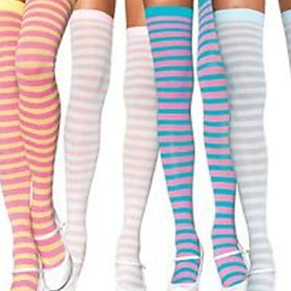 LEG AVENUE SHEER STRIPE PINK THIGH HIGH STOCKINGS ONE SIZE